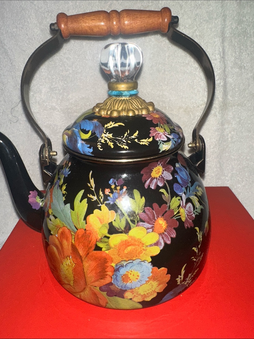 MacKenzie-Childs Floral Black Enamel Tea Kettle with Wooden Handle - Picture 7 of 7